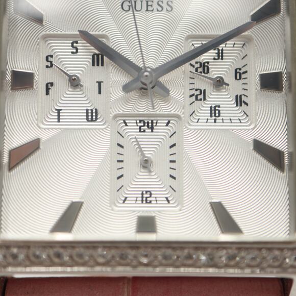 Guess X Elle Silver Tone Square Date Date 28mm Watch Y2K Gem Bezel Pink Leather - Picture 7 of 16